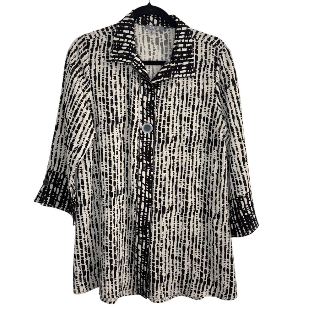 Habitat Neutral Sand and Black Button Down Tunic Lagenlook Flowy 3/4 Sleeves